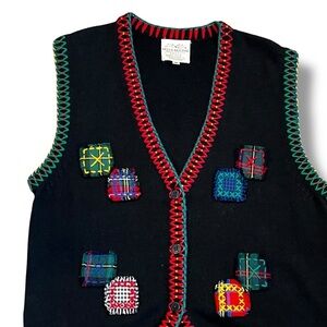 Susan Bristol Sweater Vest Plaid Patchwork Black Medium Vintage
